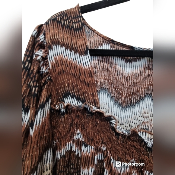 2X Wave Print Square Neck Ruffled Peasant Blouse Boho Artsy - Picture 4 of 9